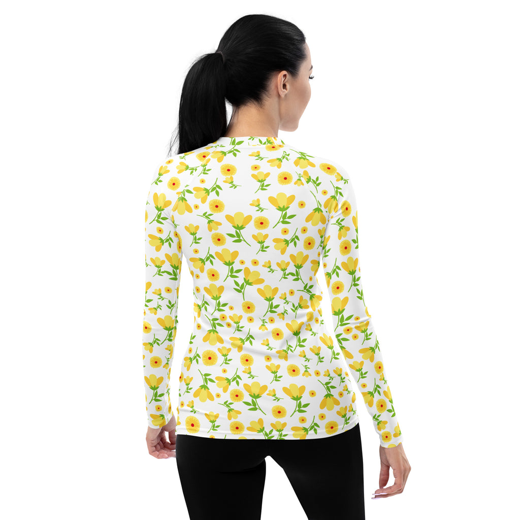 Women's Yellow Floral Wildflower Long Sleeve Rash Guard Swim Shirt – Buttery Soft, Sun Safe UPF 50+ Protection, Quick Dry & 4-Way Stretch Comfort