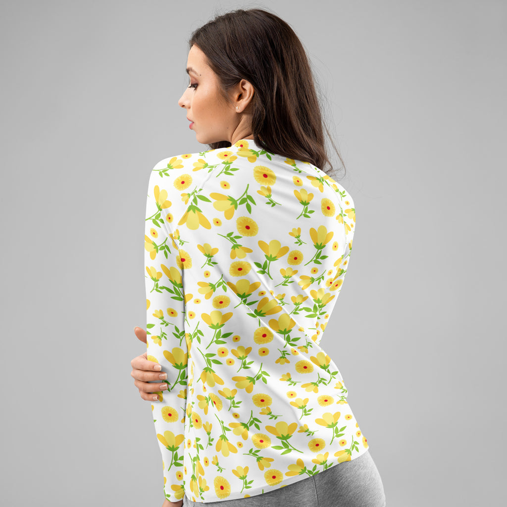 Women's Yellow Floral Wildflower Long Sleeve Rash Guard Swim Shirt – Buttery Soft, Sun Safe UPF 50+ Protection, Quick Dry & 4-Way Stretch Comfort