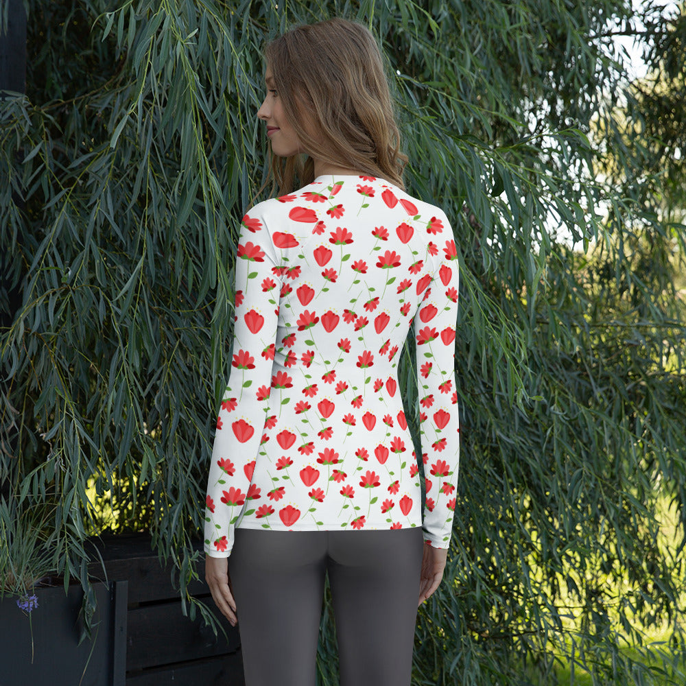 Women's Red Floral Wildflower Long Sleeve Rash Guard Swim Shirt – Buttery Soft, Sun Safe UPF 50+ Protection, Quick Dry & 4-Way Stretch Comfort