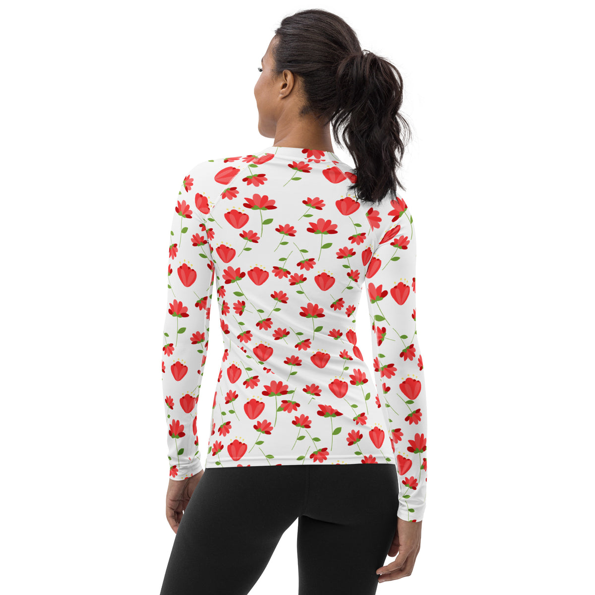 Women's Red Floral Wildflower Long Sleeve Rash Guard Swim Shirt – Buttery Soft, Sun Safe UPF 50+ Protection, Quick Dry & 4-Way Stretch Comfort