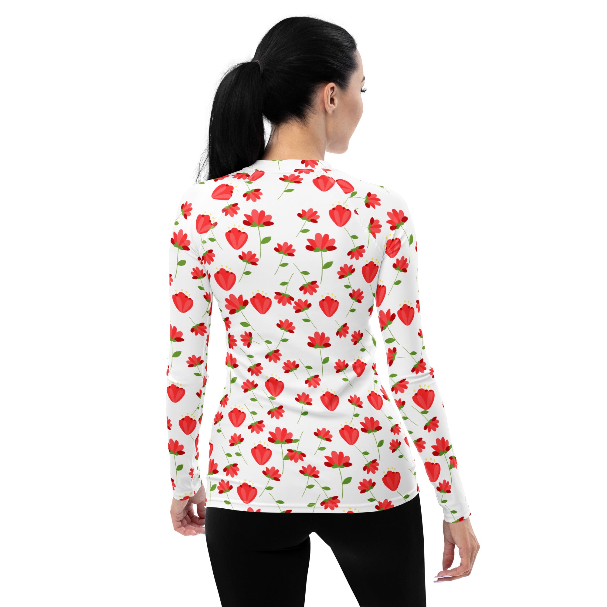Women's Red Floral Wildflower Long Sleeve Rash Guard Swim Shirt – Buttery Soft, Sun Safe UPF 50+ Protection, Quick Dry & 4-Way Stretch Comfort