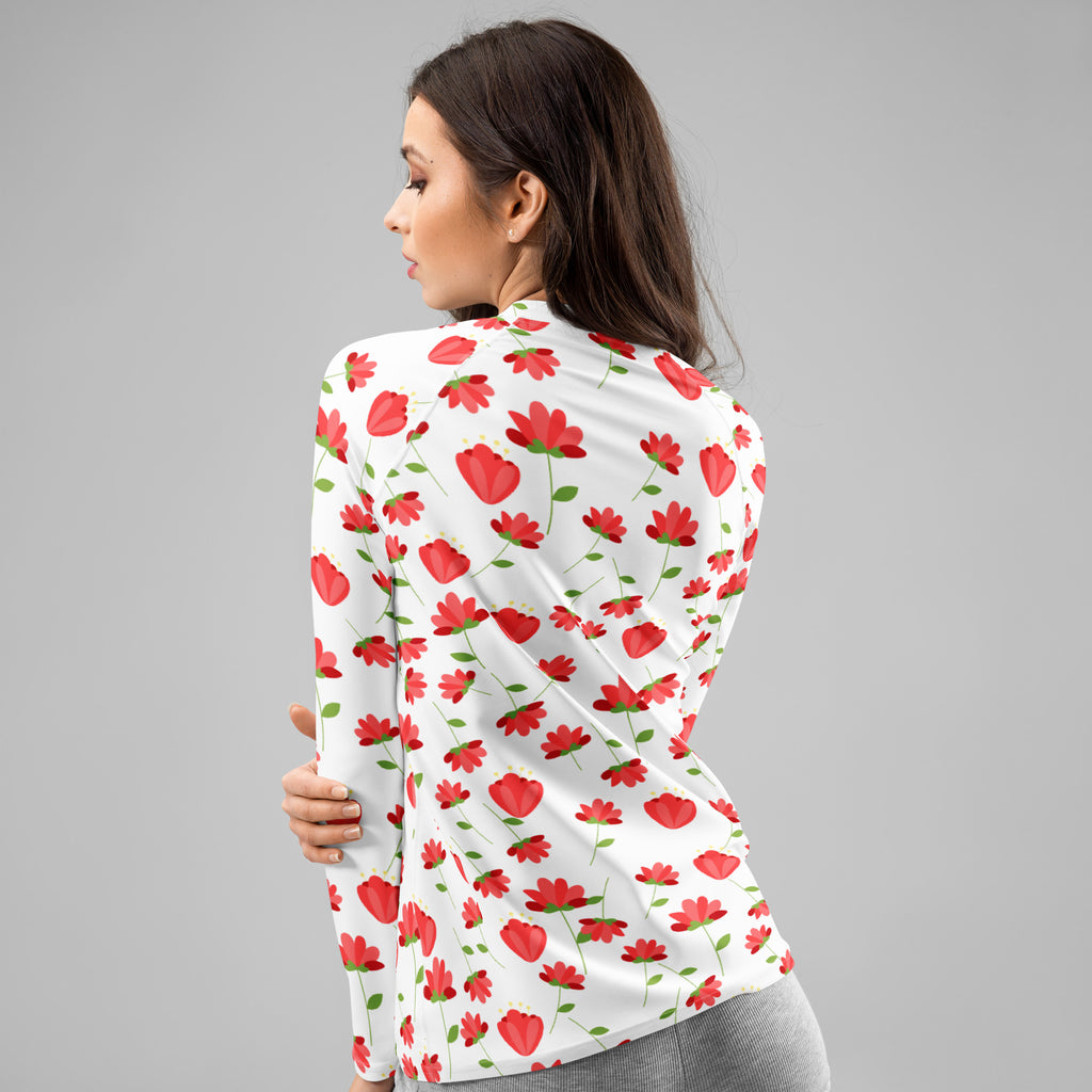 Women's Red Floral Wildflower Long Sleeve Rash Guard Swim Shirt – Buttery Soft, Sun Safe UPF 50+ Protection, Quick Dry & 4-Way Stretch Comfort