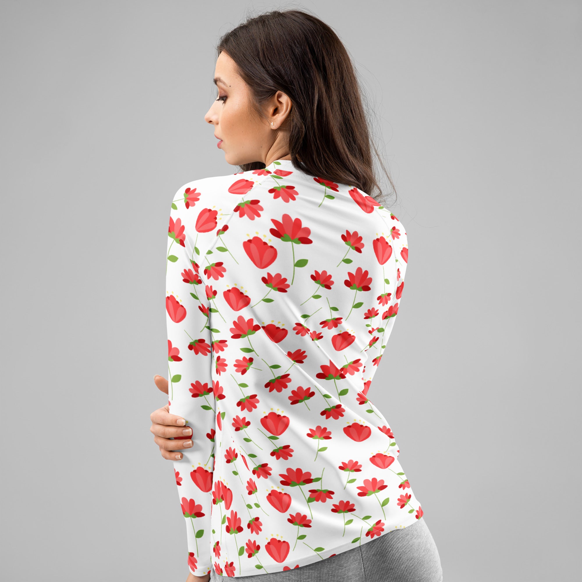 Women's Red Floral Wildflower Long Sleeve Rash Guard Swim Shirt – Buttery Soft, Sun Safe UPF 50+ Protection, Quick Dry & 4-Way Stretch Comfort