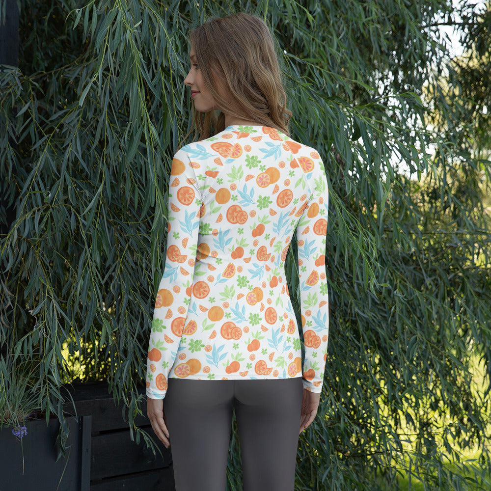 Women's Watercolor Orange Citrus Long Sleeve Rash Guard Swim Shirt – Buttery Soft, Sun Safe UPF 50+ Protection, Quick Dry & 4-Way Stretch Comfort
