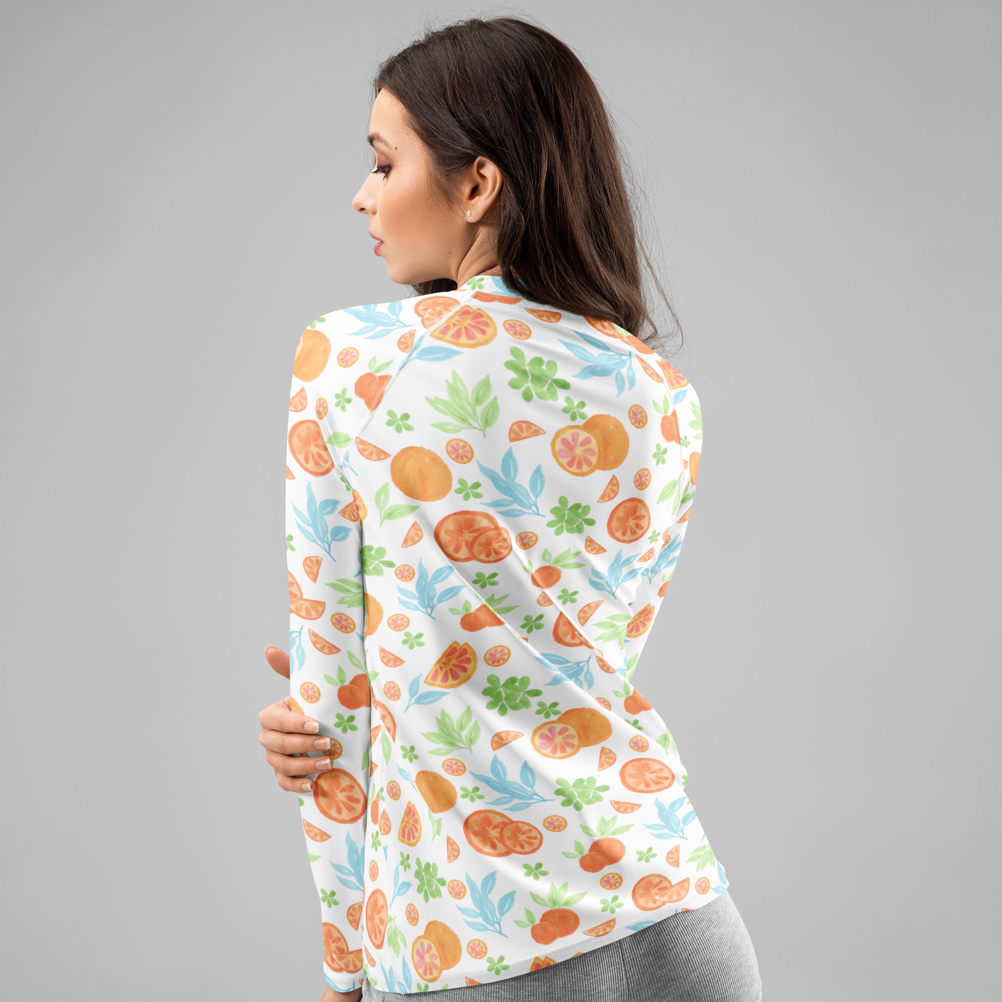 Women's Watercolor Orange Citrus Long Sleeve Rash Guard Swim Shirt – Buttery Soft, Sun Safe UPF 50+ Protection, Quick Dry & 4-Way Stretch Comfort