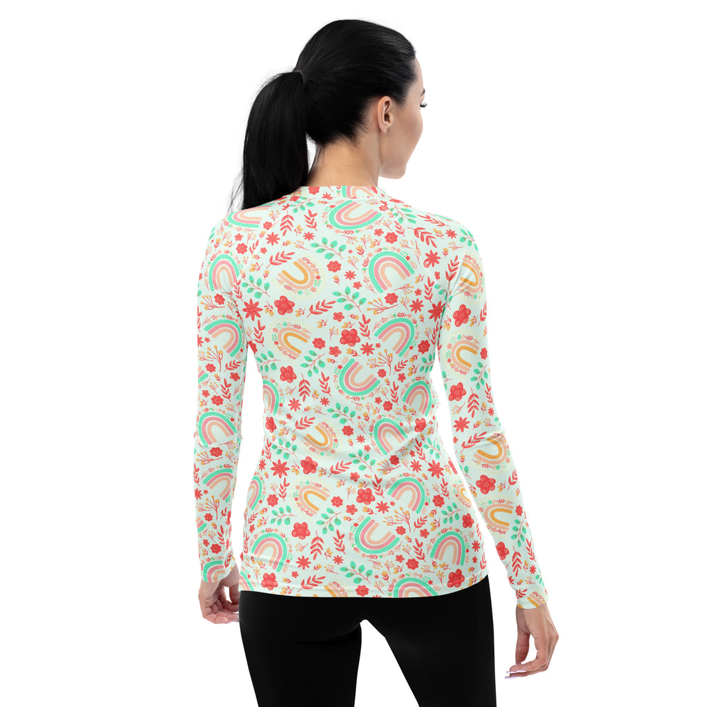Women's Boho Rainbow Floral Long Sleeve Rash Guard Swim Shirt – Buttery Soft, Sun Safe UPF 50+ Protection, Quick Dry & 4-Way Stretch Comfort
