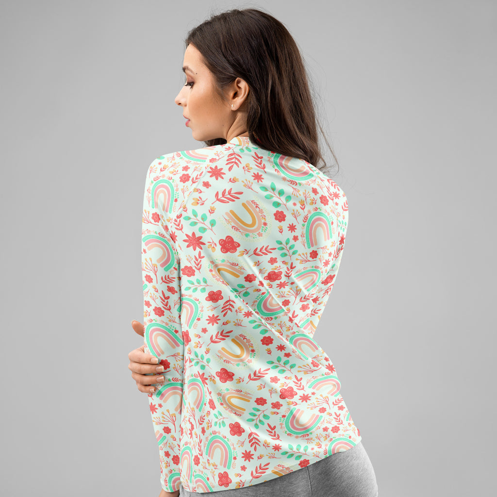 Women's Boho Rainbow Floral Long Sleeve Rash Guard Swim Shirt – Buttery Soft, Sun Safe UPF 50+ Protection, Quick Dry & 4-Way Stretch Comfort