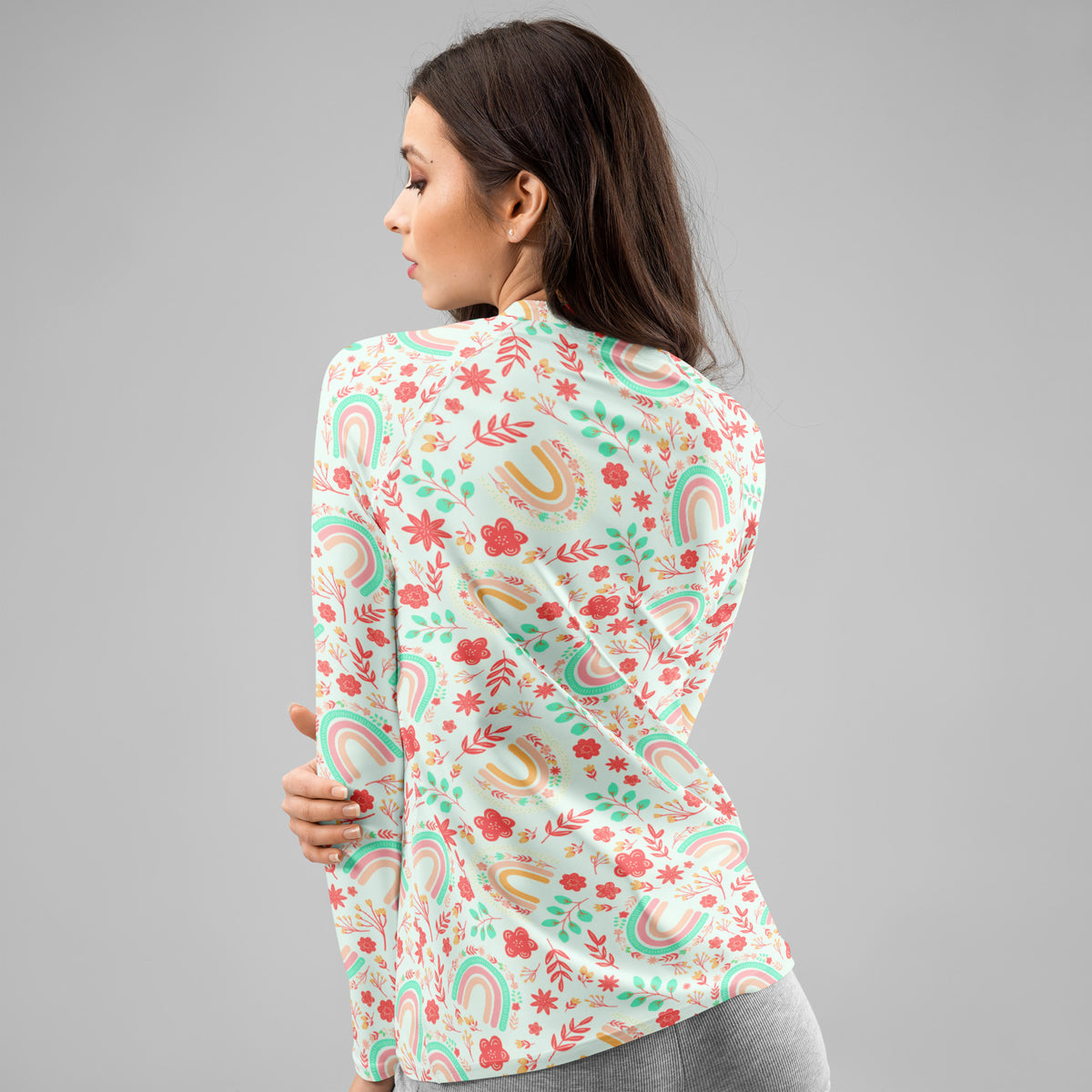 Women's Boho Rainbow Floral Long Sleeve Rash Guard Swim Shirt – Buttery Soft, Sun Safe UPF 50+ Protection, Quick Dry & 4-Way Stretch Comfort