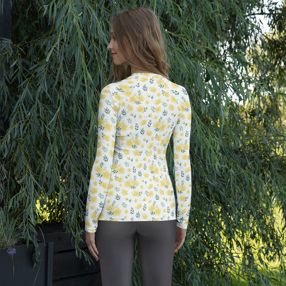 Women's Yellow Flowers Long Sleeve Rash Guard Swim Shirt – Buttery Soft, Sun Safe UPF 50+ Protection, Quick Dry & 4-Way Stretch Comfort