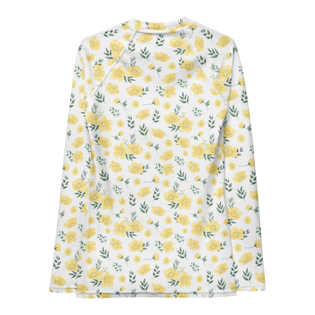 Women's Yellow Flowers Long Sleeve Rash Guard Swim Shirt – Buttery Soft, Sun Safe UPF 50+ Protection, Quick Dry & 4-Way Stretch Comfort