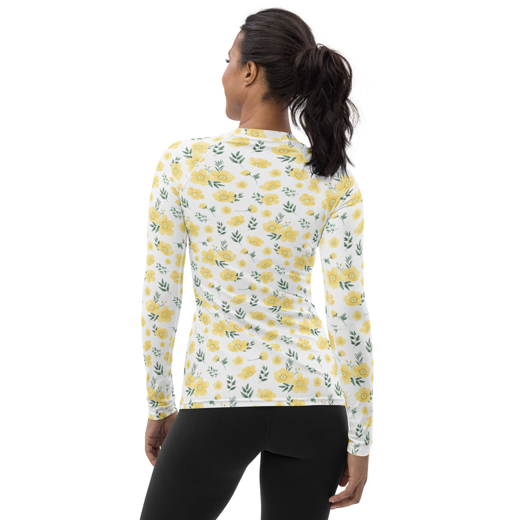 Women's Yellow Flowers Long Sleeve Rash Guard Swim Shirt – Buttery Soft, Sun Safe UPF 50+ Protection, Quick Dry & 4-Way Stretch Comfort