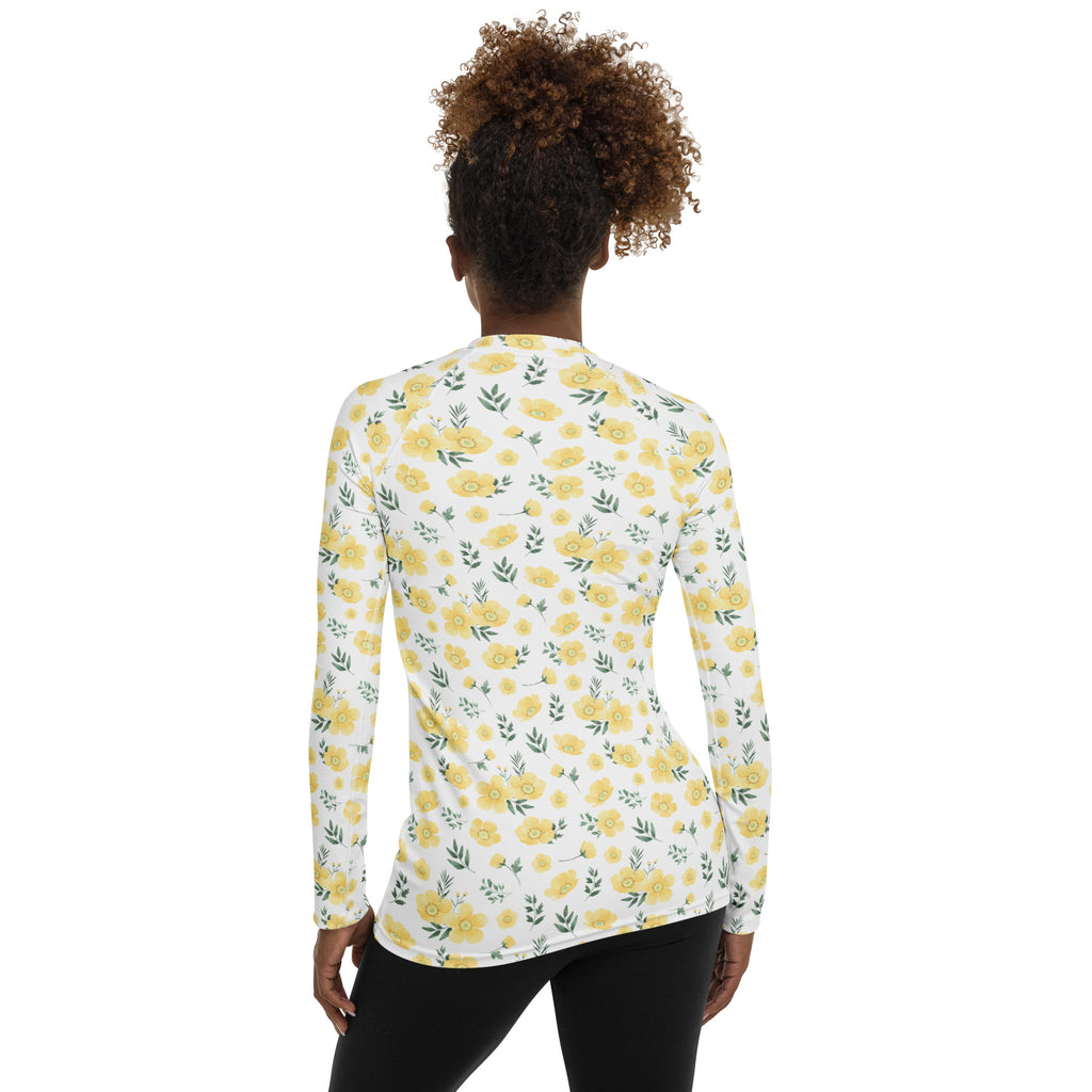 Women's Yellow Flowers Long Sleeve Rash Guard Swim Shirt – Buttery Soft, Sun Safe UPF 50+ Protection, Quick Dry & 4-Way Stretch Comfort