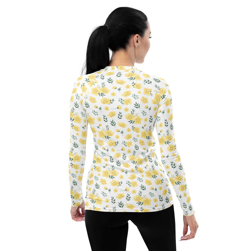 Women's Yellow Flowers Long Sleeve Rash Guard Swim Shirt – Buttery Soft, Sun Safe UPF 50+ Protection, Quick Dry & 4-Way Stretch Comfort