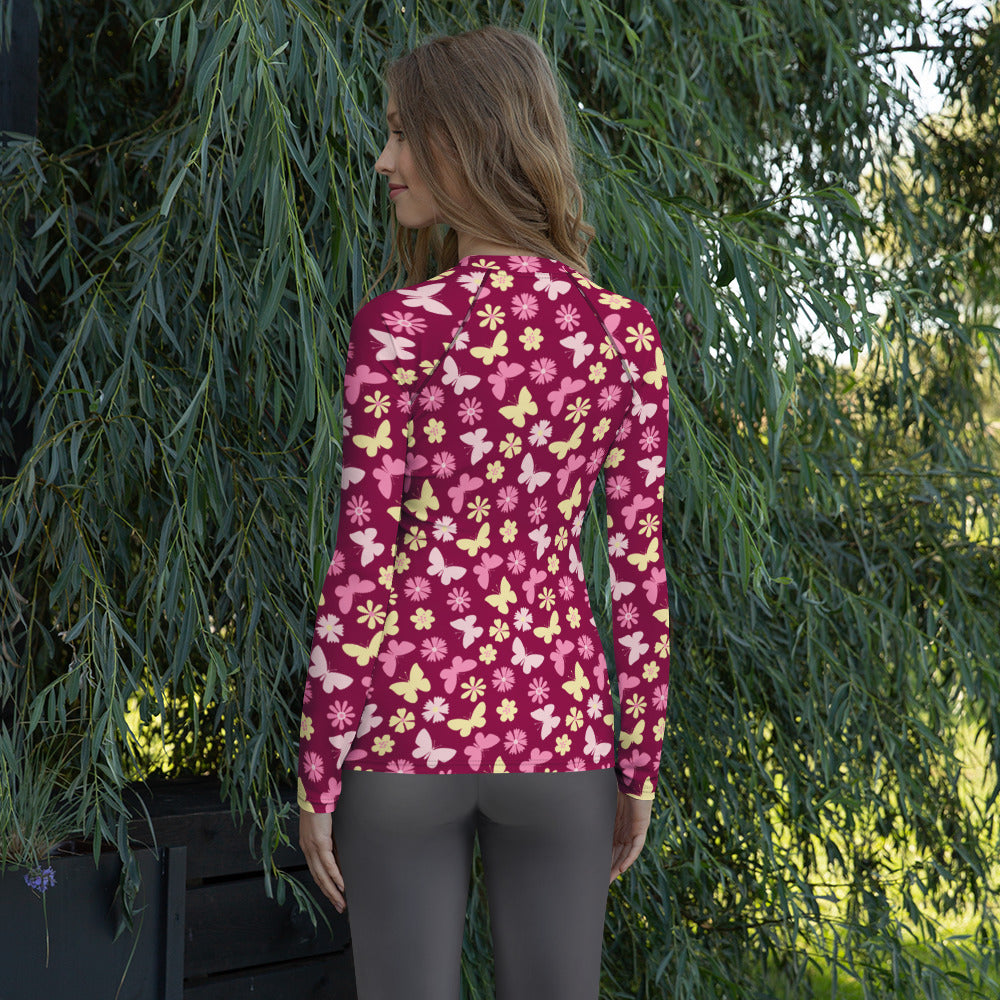 Women's Burgundy Pink Floral Butterfly Long Sleeve Rash Guard Swim Shirt – Buttery Soft, Sun Safe UPF 50+ Protection, Quick Dry & 4-Way Stretch Comfort