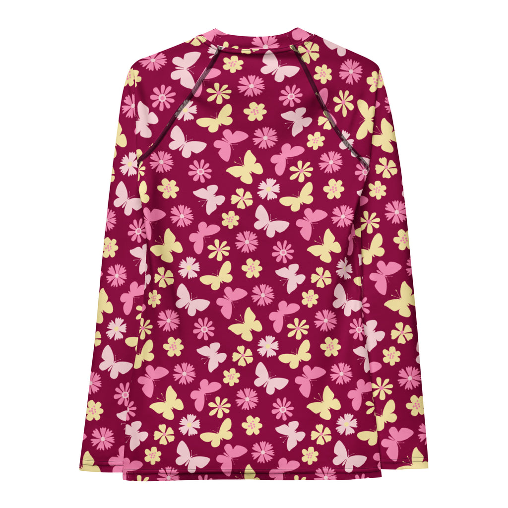 Women's Burgundy Pink Floral Butterfly Long Sleeve Rash Guard Swim Shirt – Buttery Soft, Sun Safe UPF 50+ Protection, Quick Dry & 4-Way Stretch Comfort