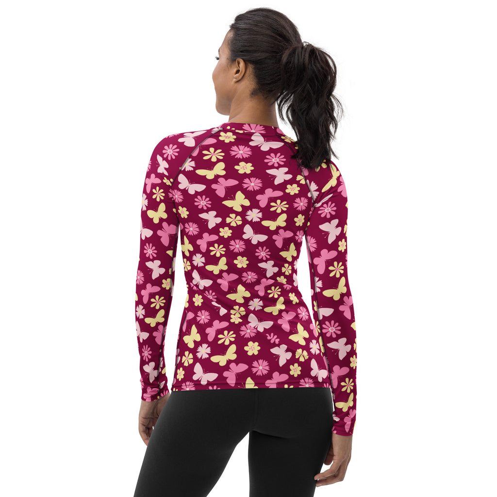 Women's Burgundy Pink Floral Butterfly Long Sleeve Rash Guard Swim Shirt – Buttery Soft, Sun Safe UPF 50+ Protection, Quick Dry & 4-Way Stretch Comfort