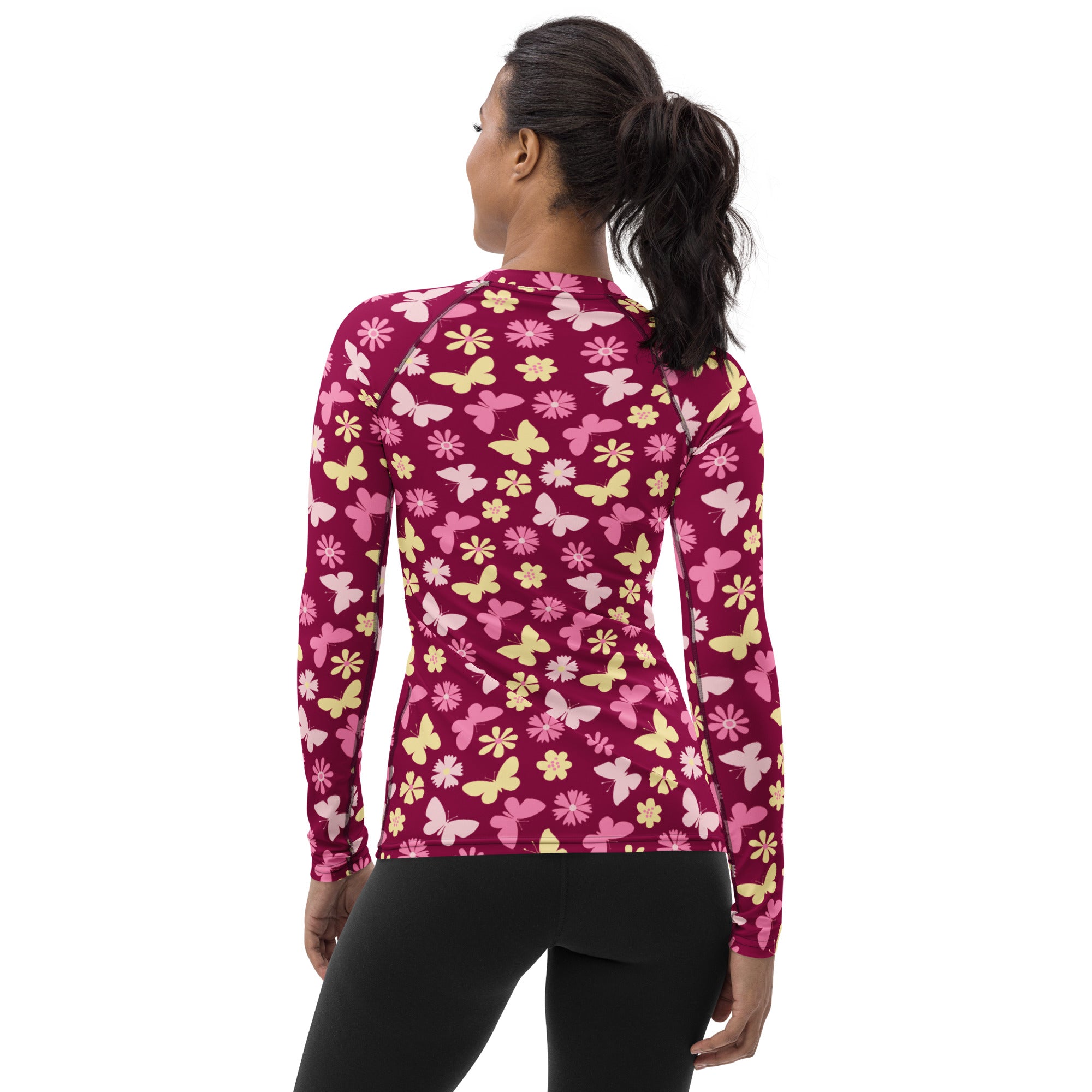 Women's Burgundy Pink Floral Butterfly Long Sleeve Rash Guard Swim Shirt – Buttery Soft, Sun Safe UPF 50+ Protection, Quick Dry & 4-Way Stretch Comfort