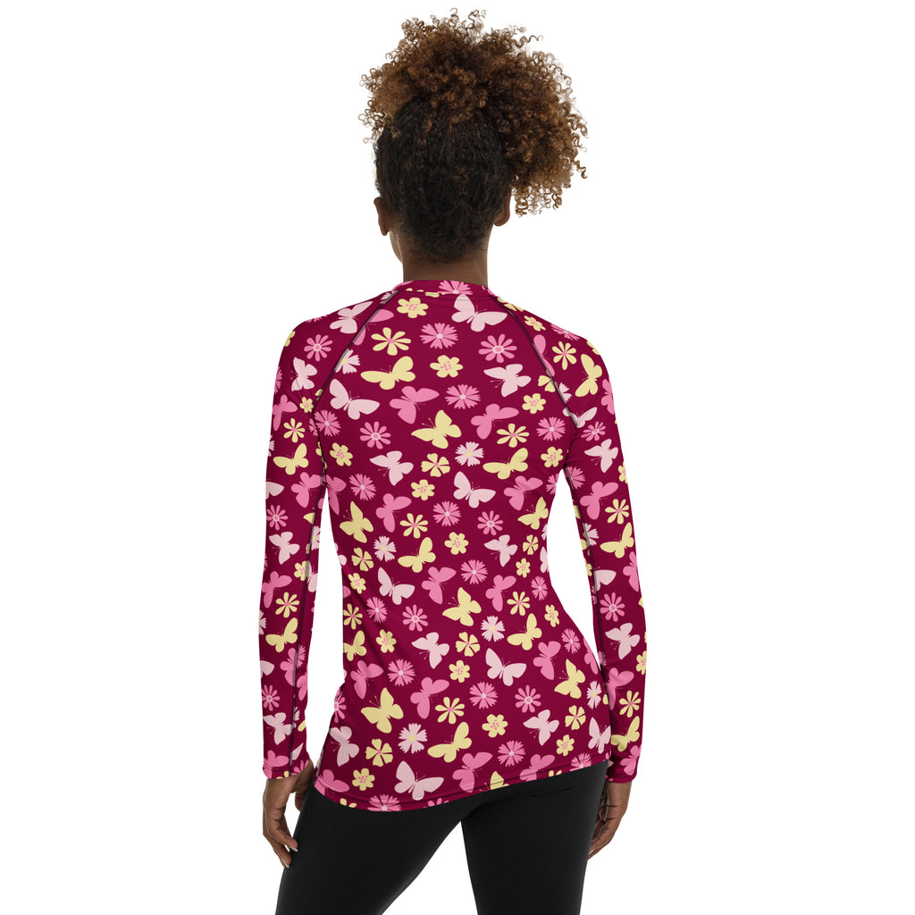 Women's Burgundy Pink Floral Butterfly Long Sleeve Rash Guard Swim Shirt – Buttery Soft, Sun Safe UPF 50+ Protection, Quick Dry & 4-Way Stretch Comfort