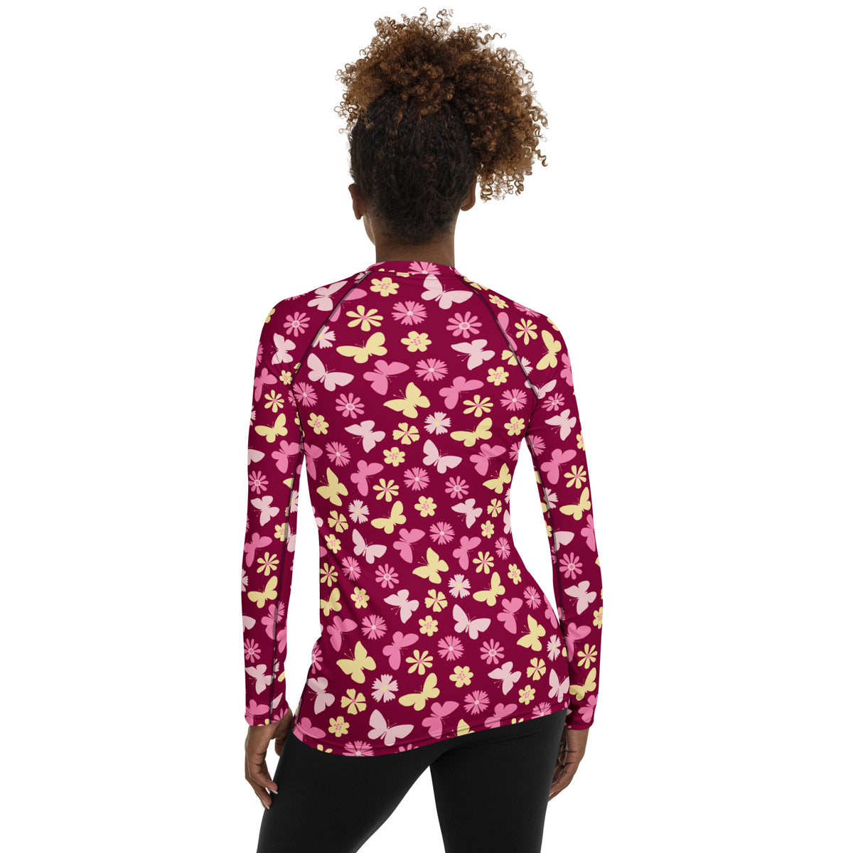 Women's Burgundy Pink Floral Butterfly Long Sleeve Rash Guard Swim Shirt – Buttery Soft, Sun Safe UPF 50+ Protection, Quick Dry & 4-Way Stretch Comfort