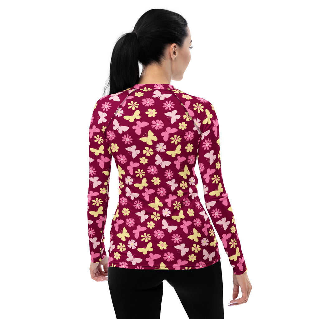Women's Burgundy Pink Floral Butterfly Long Sleeve Rash Guard Swim Shirt – Buttery Soft, Sun Safe UPF 50+ Protection, Quick Dry & 4-Way Stretch Comfort