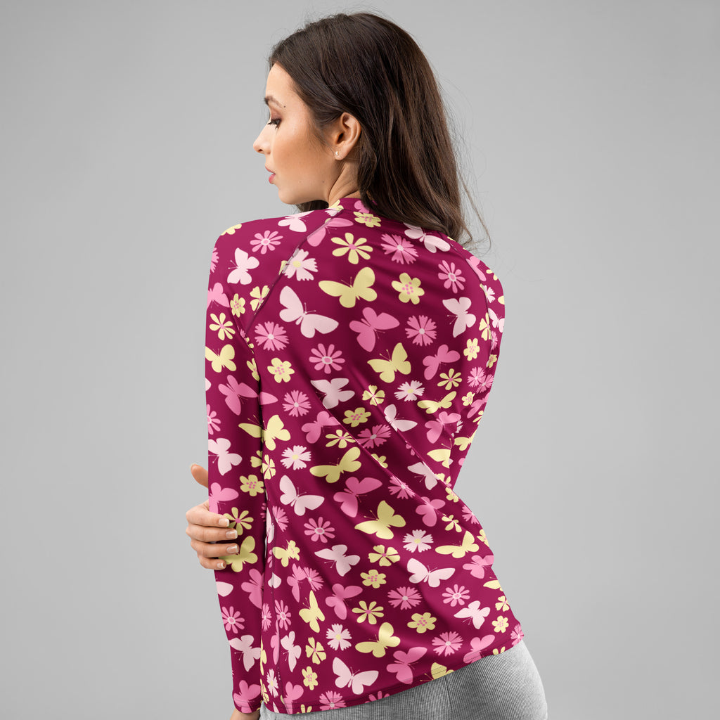Women's Burgundy Pink Floral Butterfly Long Sleeve Rash Guard Swim Shirt – Buttery Soft, Sun Safe UPF 50+ Protection, Quick Dry & 4-Way Stretch Comfort