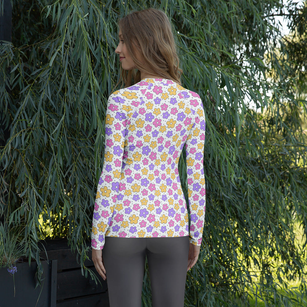 Women's Pink Purple Yellow Retro Flower Long Sleeve Rash Guard Swim Shirt – Buttery Soft, Sun Safe UPF 50+ Protection, Quick Dry & 4-Way Stretch Comfort