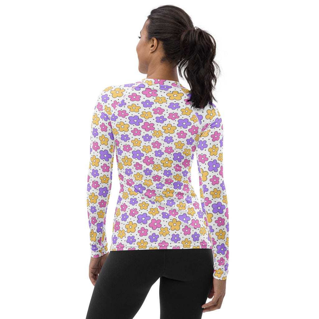 Women's Pink Purple Yellow Retro Flower Long Sleeve Rash Guard Swim Shirt – Buttery Soft, Sun Safe UPF 50+ Protection, Quick Dry & 4-Way Stretch Comfort