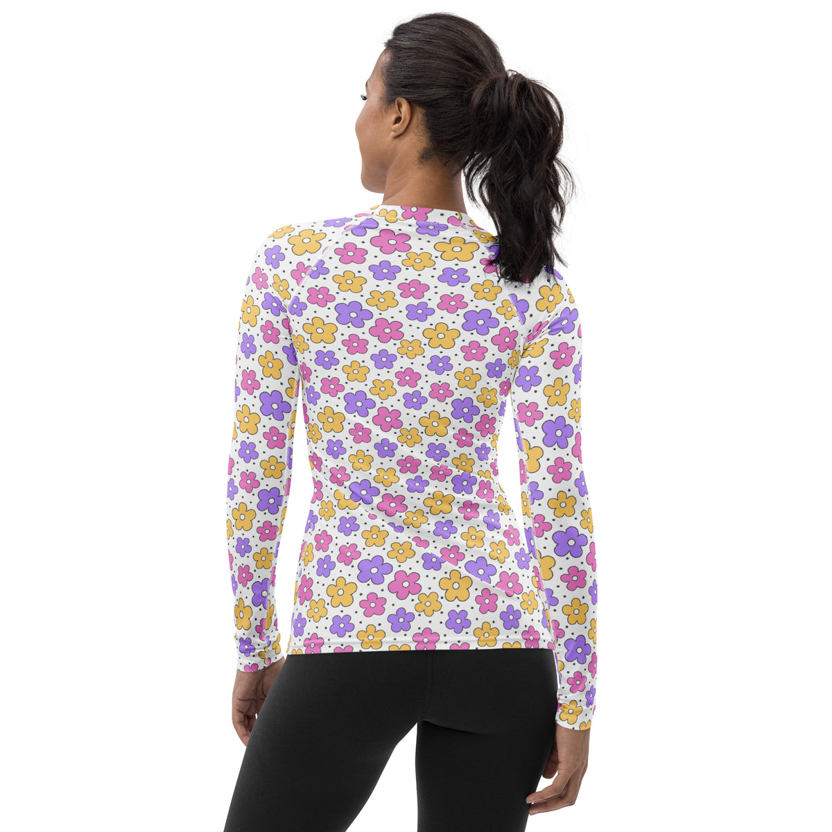 Women's Pink Purple Yellow Retro Flower Long Sleeve Rash Guard Swim Shirt – Buttery Soft, Sun Safe UPF 50+ Protection, Quick Dry & 4-Way Stretch Comfort