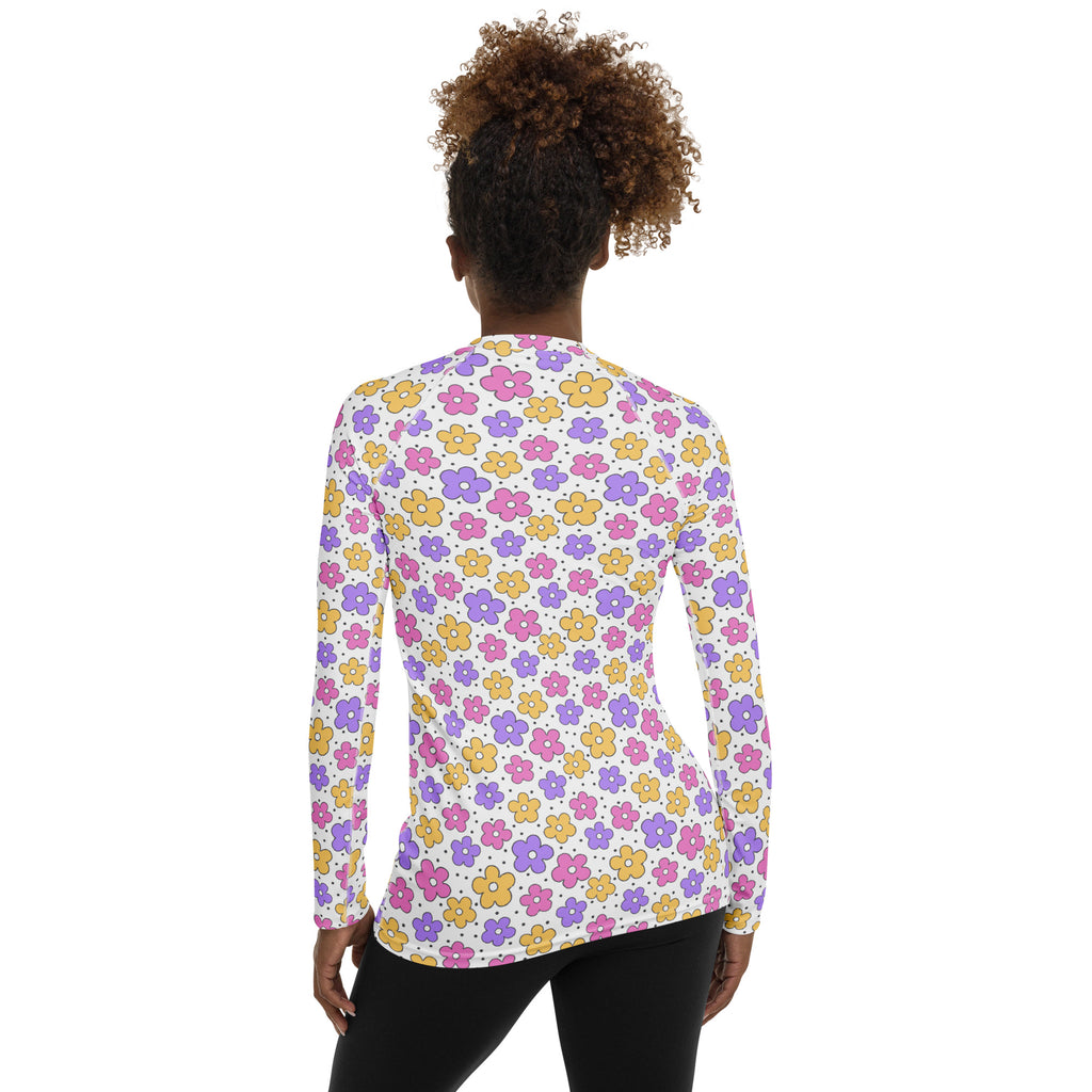 Women's Pink Purple Yellow Retro Flower Long Sleeve Rash Guard Swim Shirt – Buttery Soft, Sun Safe UPF 50+ Protection, Quick Dry & 4-Way Stretch Comfort