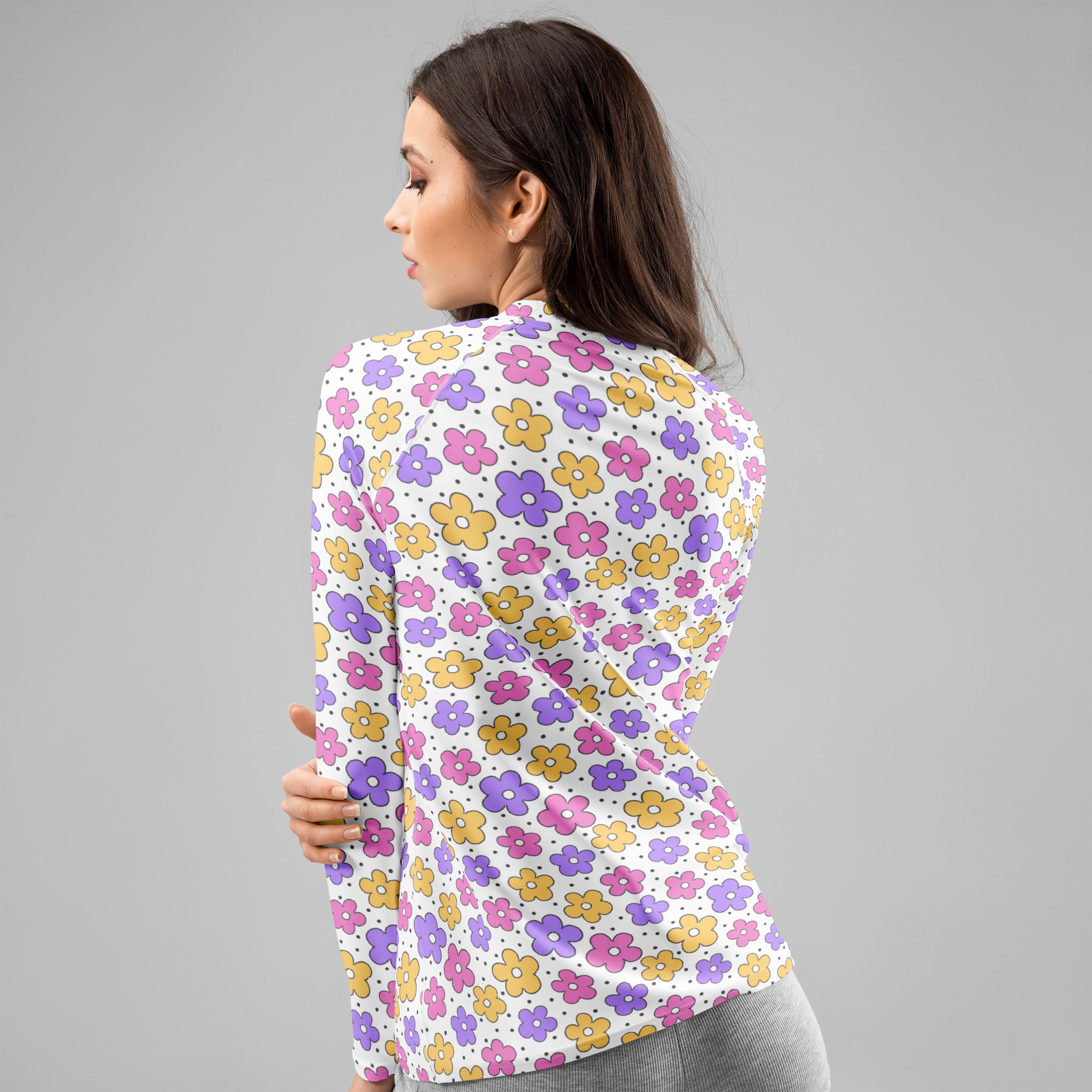 Women's Pink Purple Yellow Retro Flower Long Sleeve Rash Guard Swim Shirt – Buttery Soft, Sun Safe UPF 50+ Protection, Quick Dry & 4-Way Stretch Comfort