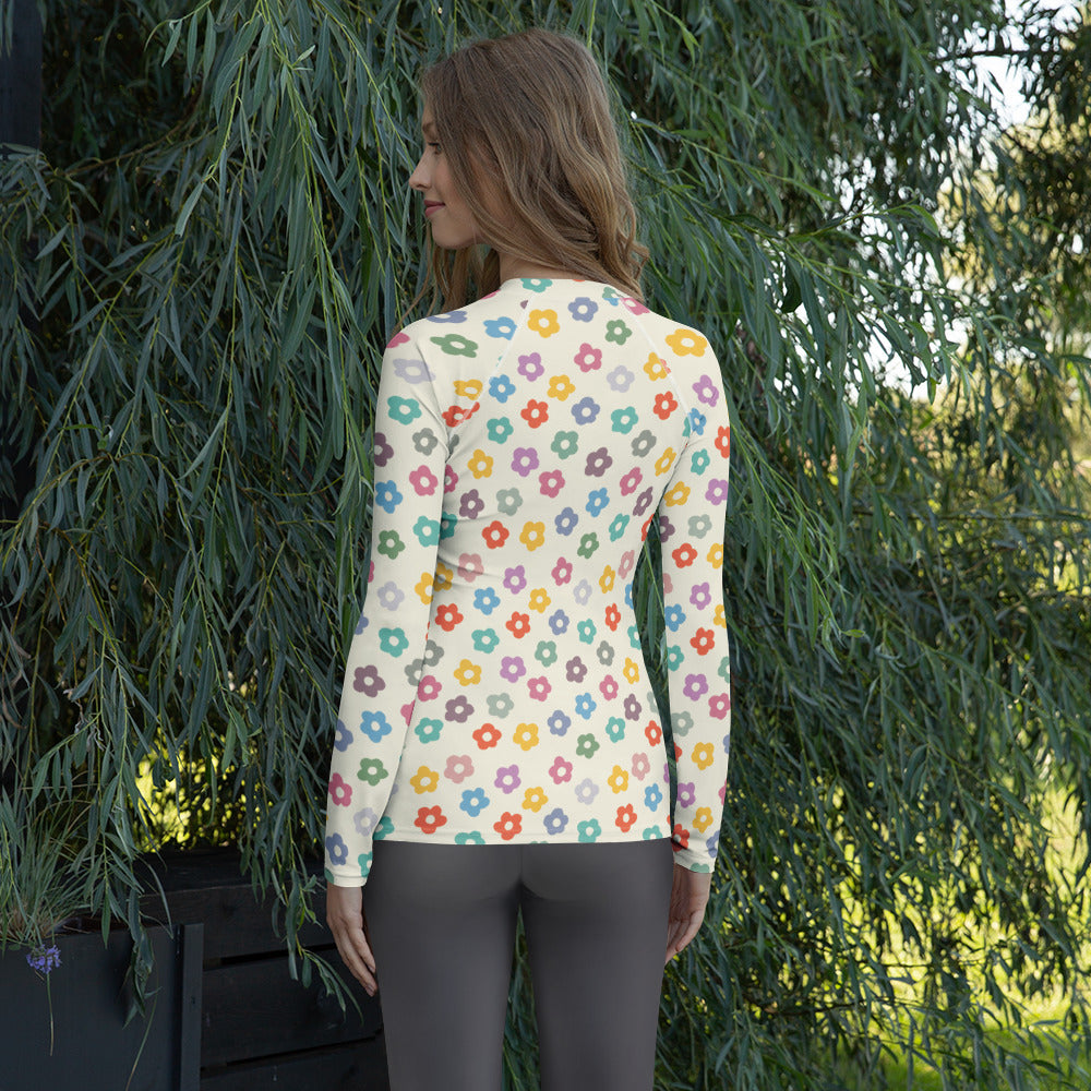 Women's Multicolor Retro Flower Long Sleeve Rash Guard Swim Shirt – Buttery Soft, Sun Safe UPF 50+ Protection, Quick Dry & 4-Way Stretch Comfort
