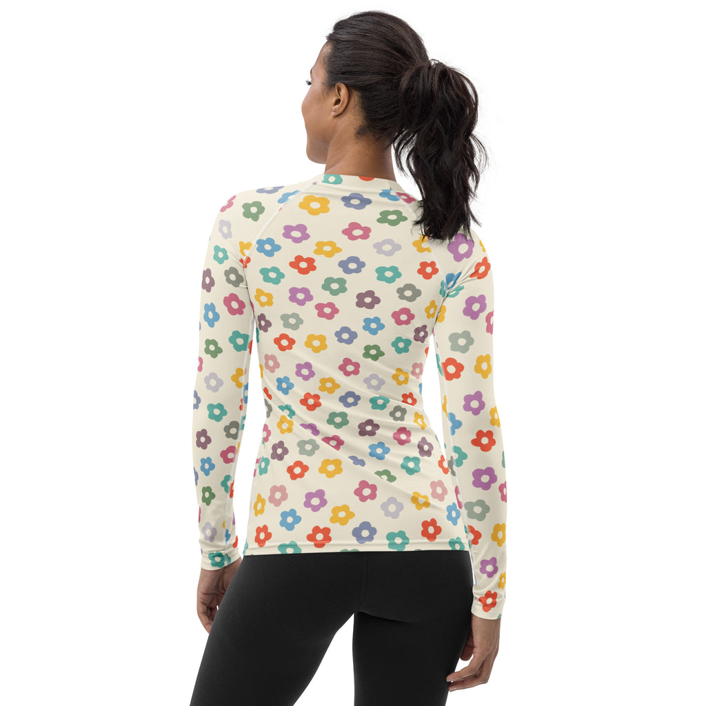 Women's Multicolor Retro Flower Long Sleeve Rash Guard Swim Shirt – Buttery Soft, Sun Safe UPF 50+ Protection, Quick Dry & 4-Way Stretch Comfort