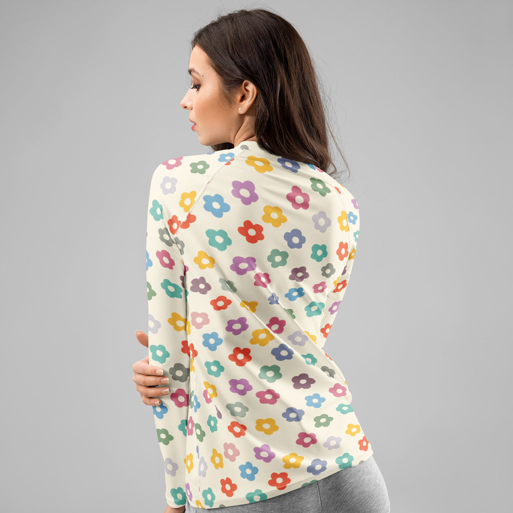 Women's Multicolor Retro Flower Long Sleeve Rash Guard Swim Shirt – Buttery Soft, Sun Safe UPF 50+ Protection, Quick Dry & 4-Way Stretch Comfort