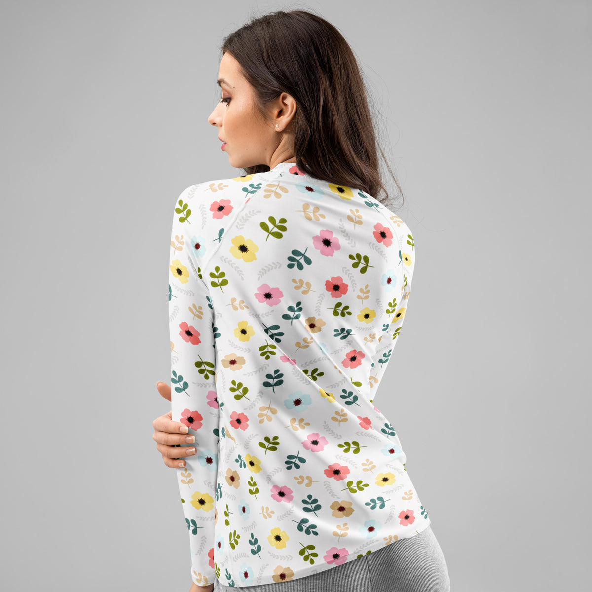 Women's Gray Wildflower Long Sleeve Rash Guard Swim Shirt – Buttery Soft, Sun Safe UPF 50+ Protection, Quick Dry & 4-Way Stretch Comfort