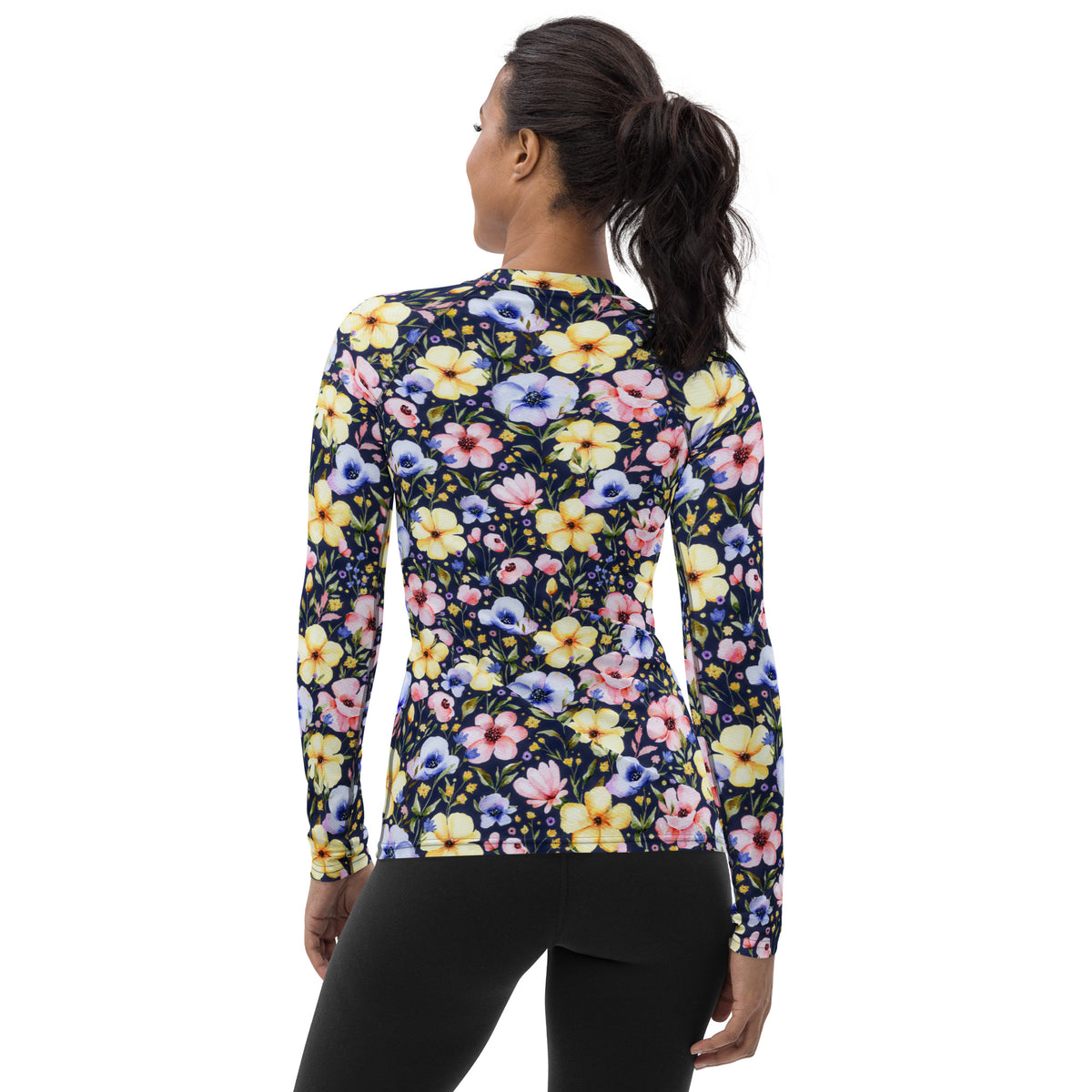 Women's Navy Watercolor Wildflower Long Sleeve Rash Guard Swim Shirt – Buttery Soft, Sun Safe UPF 50+ Protection, Quick Dry & 4-Way Stretch Comfort