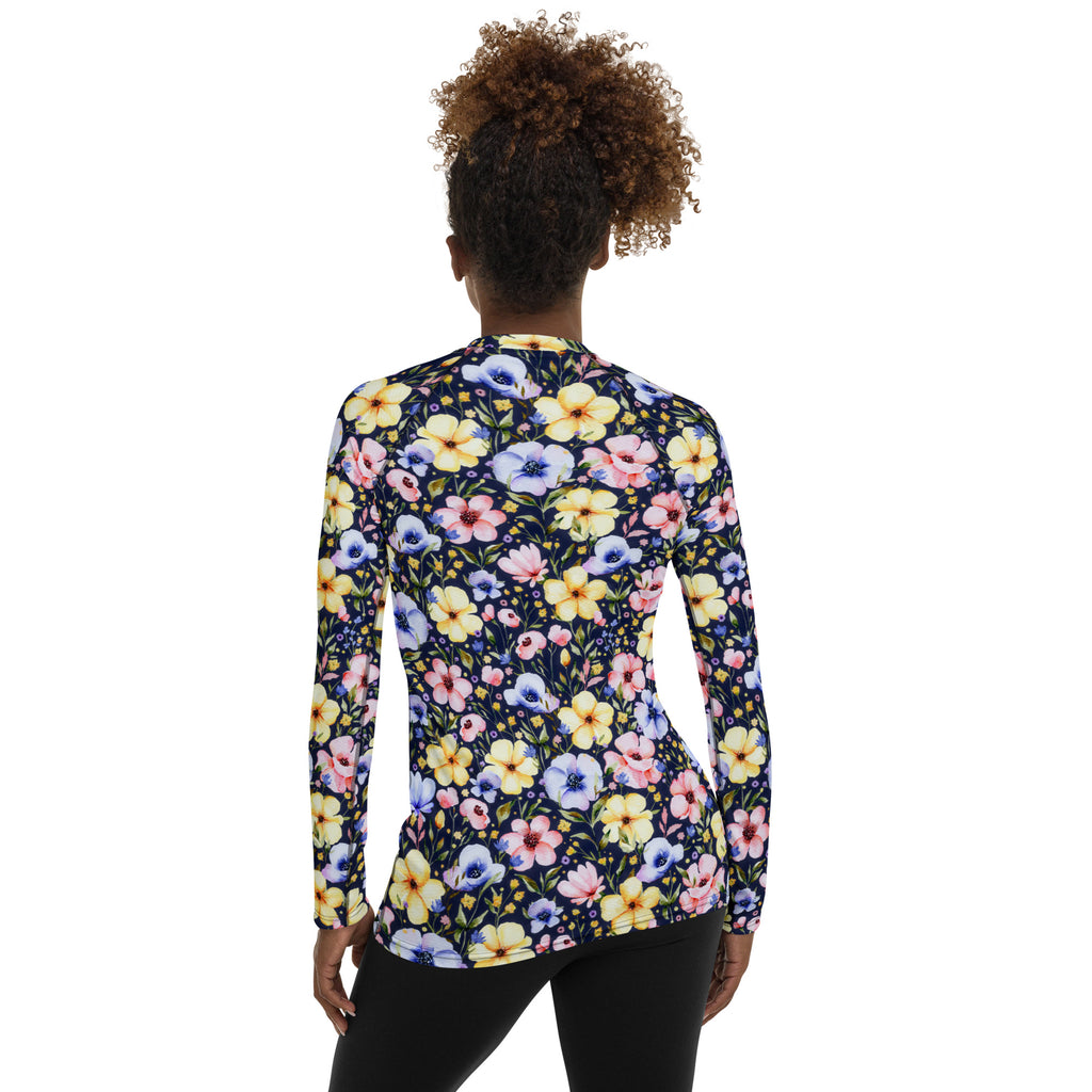 Women's Navy Watercolor Wildflower Long Sleeve Rash Guard Swim Shirt – Buttery Soft, Sun Safe UPF 50+ Protection, Quick Dry & 4-Way Stretch Comfort
