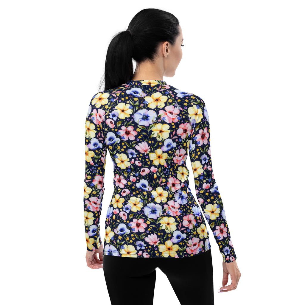 Women's Navy Watercolor Wildflower Long Sleeve Rash Guard Swim Shirt – Buttery Soft, Sun Safe UPF 50+ Protection, Quick Dry & 4-Way Stretch Comfort