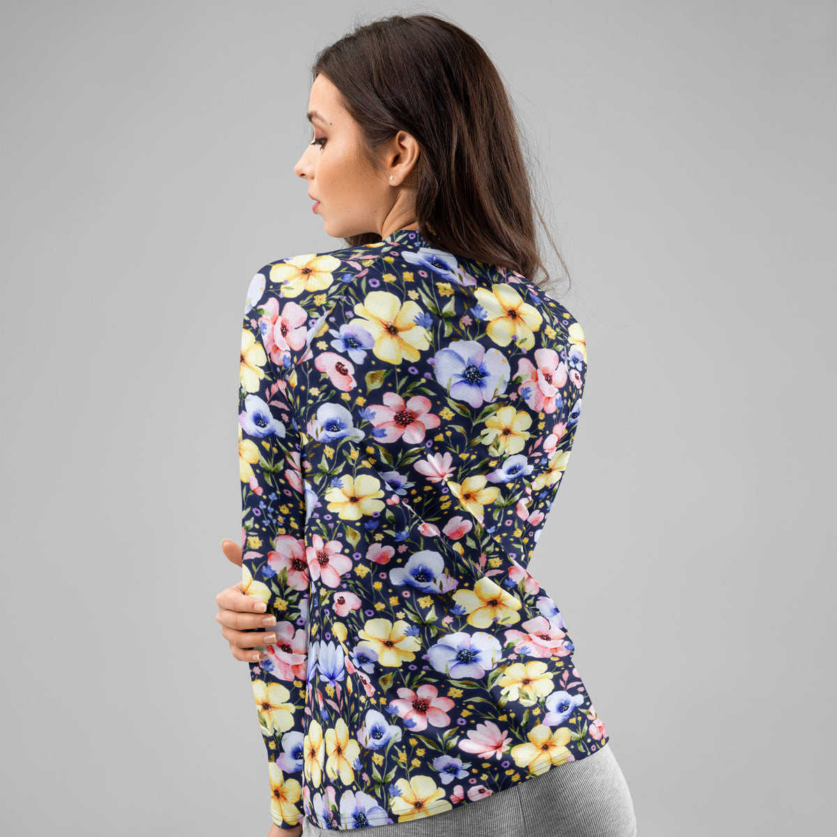 Women's Navy Watercolor Wildflower Long Sleeve Rash Guard Swim Shirt – Buttery Soft, Sun Safe UPF 50+ Protection, Quick Dry & 4-Way Stretch Comfort
