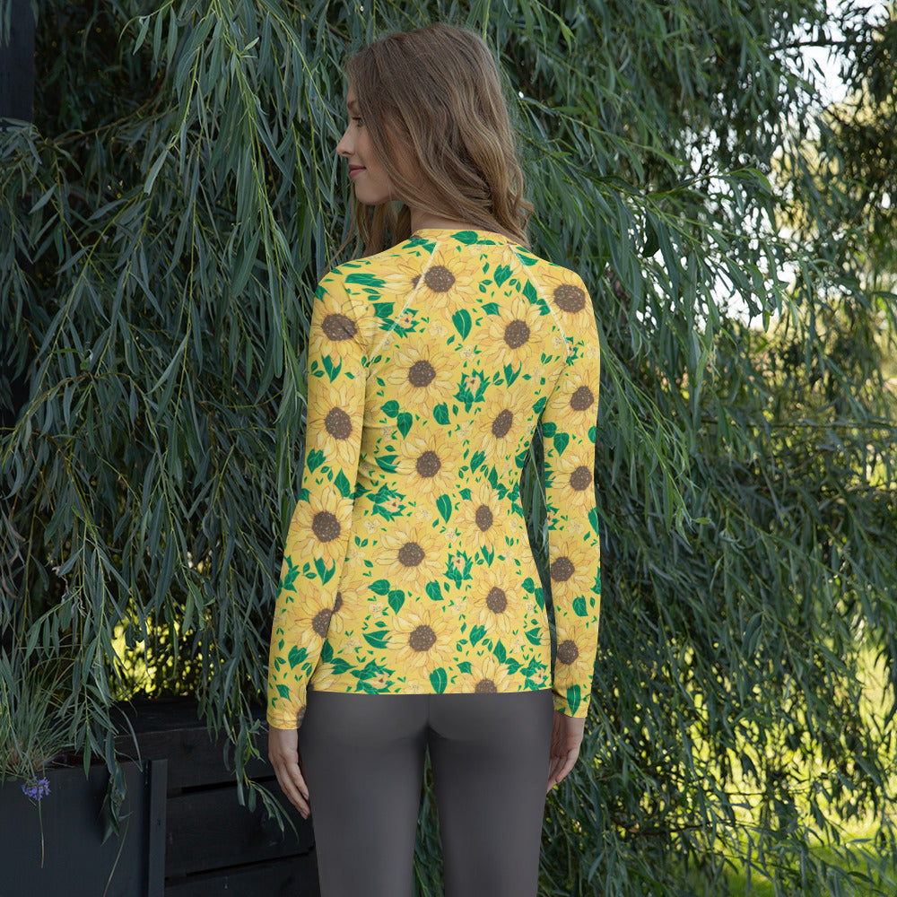 Women's Watercolor Sunflower Long Sleeve Rash Guard Swim Shirt – Buttery Soft, Sun Safe UPF 50+ Protection, Quick Dry & 4-Way Stretch Comfort