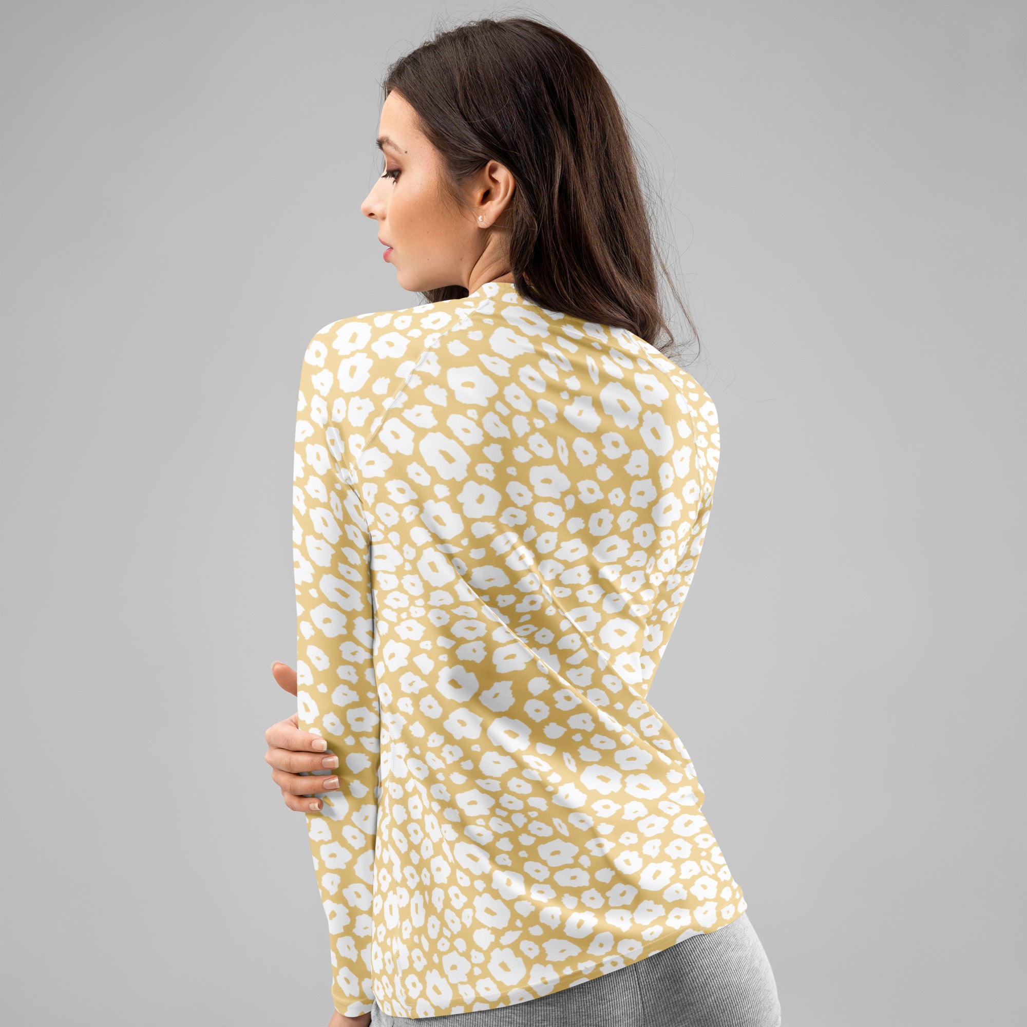 Women's Beige Leopard Print Long Sleeve Rash Guard Swim Shirt – Buttery Soft, Sun Safe UPF 50+ Protection, Quick Dry & 4-Way Stretch Comfort