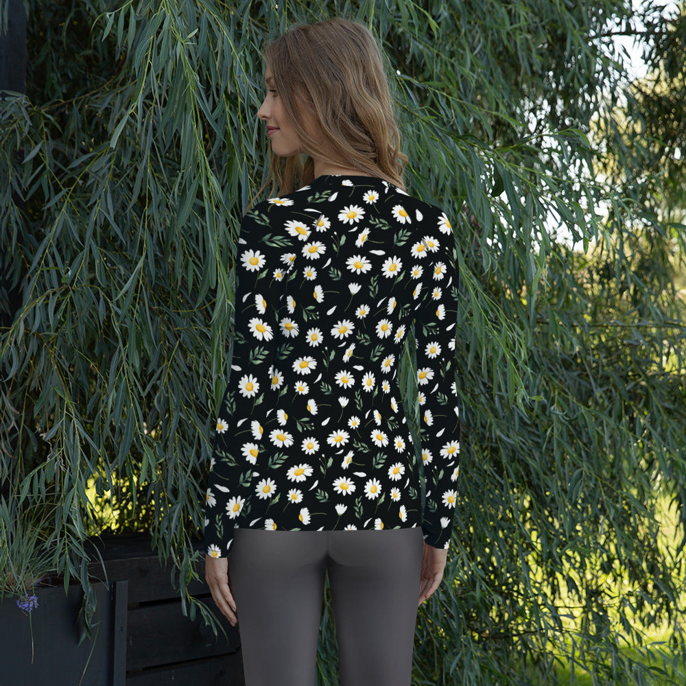 Women's Black Daisy Long Sleeve Rash Guard Swim Shirt – Buttery Soft, Sun Safe UPF 50+ Protection, Quick Dry & 4-Way Stretch Comfort