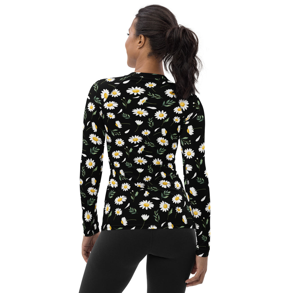Women's Black Daisy Long Sleeve Rash Guard Swim Shirt – Buttery Soft, Sun Safe UPF 50+ Protection, Quick Dry & 4-Way Stretch Comfort