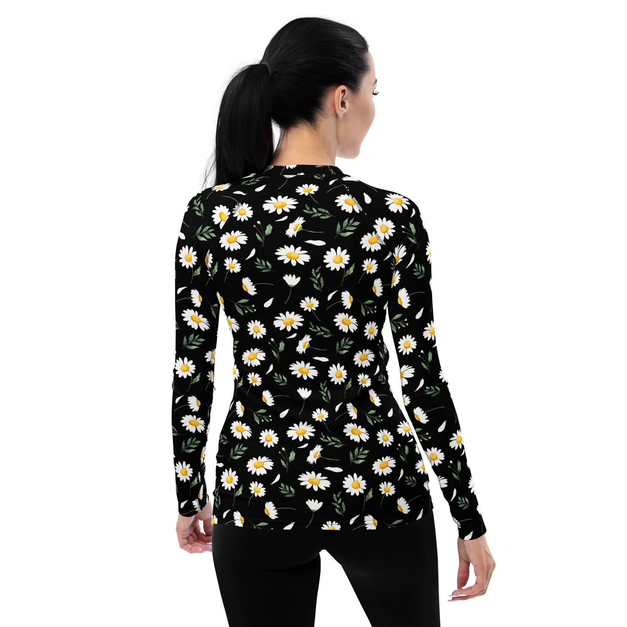 Women's Black Daisy Long Sleeve Rash Guard Swim Shirt – Buttery Soft, Sun Safe UPF 50+ Protection, Quick Dry & 4-Way Stretch Comfort