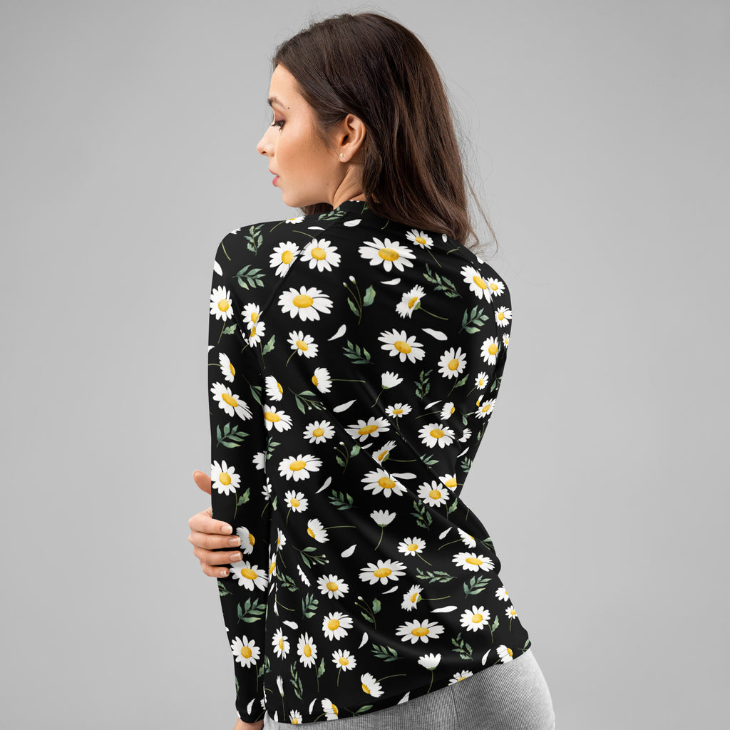 Women's Black Daisy Long Sleeve Rash Guard Swim Shirt – Buttery Soft, Sun Safe UPF 50+ Protection, Quick Dry & 4-Way Stretch Comfort