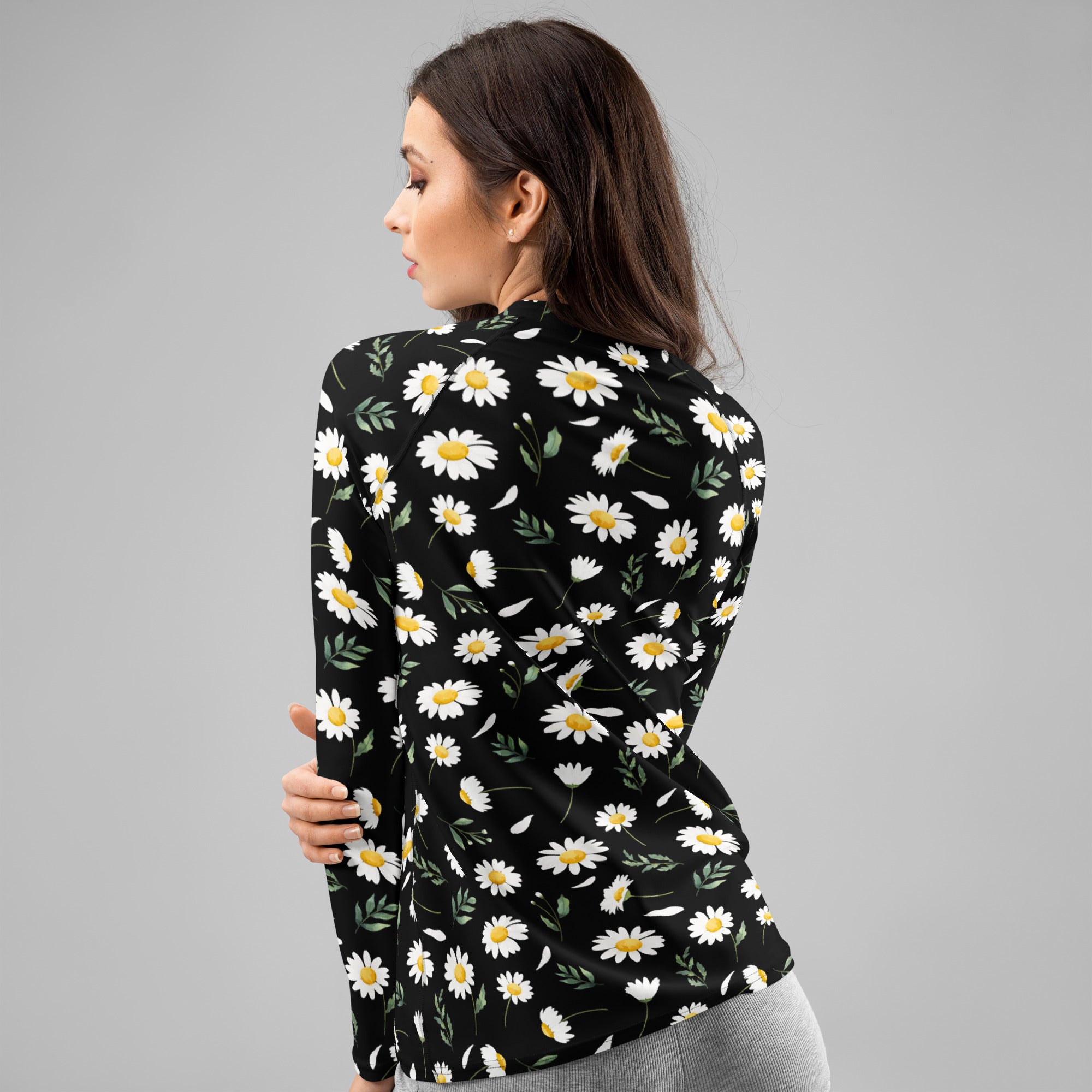 Women's Black Daisy Long Sleeve Rash Guard Swim Shirt – Buttery Soft, Sun Safe UPF 50+ Protection, Quick Dry & 4-Way Stretch Comfort