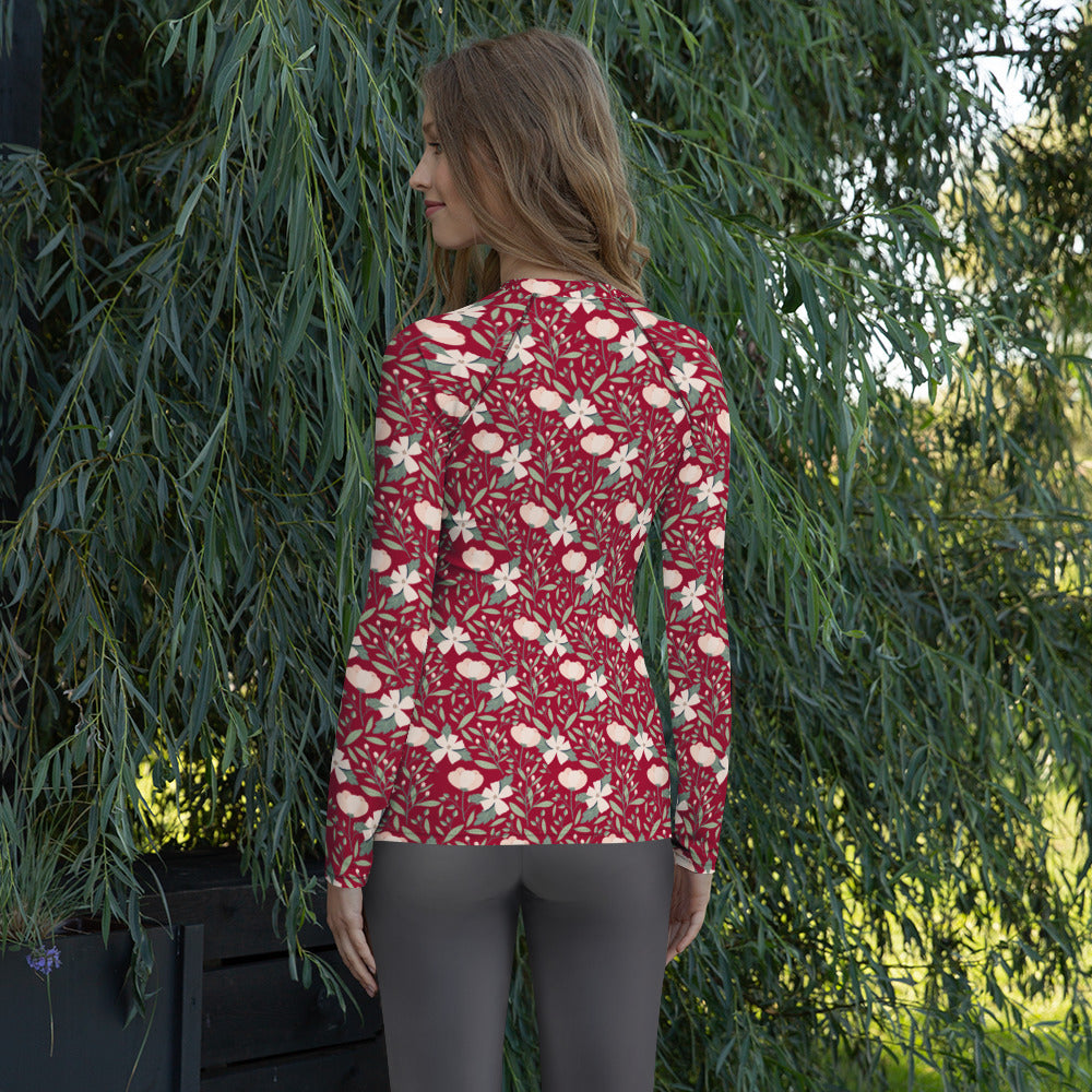 Women's Dark Red Floral Long Sleeve Rash Guard Swim Shirt – Buttery Soft, Sun Safe UPF 50+ Protection, Quick Dry & 4-Way Stretch Comfort