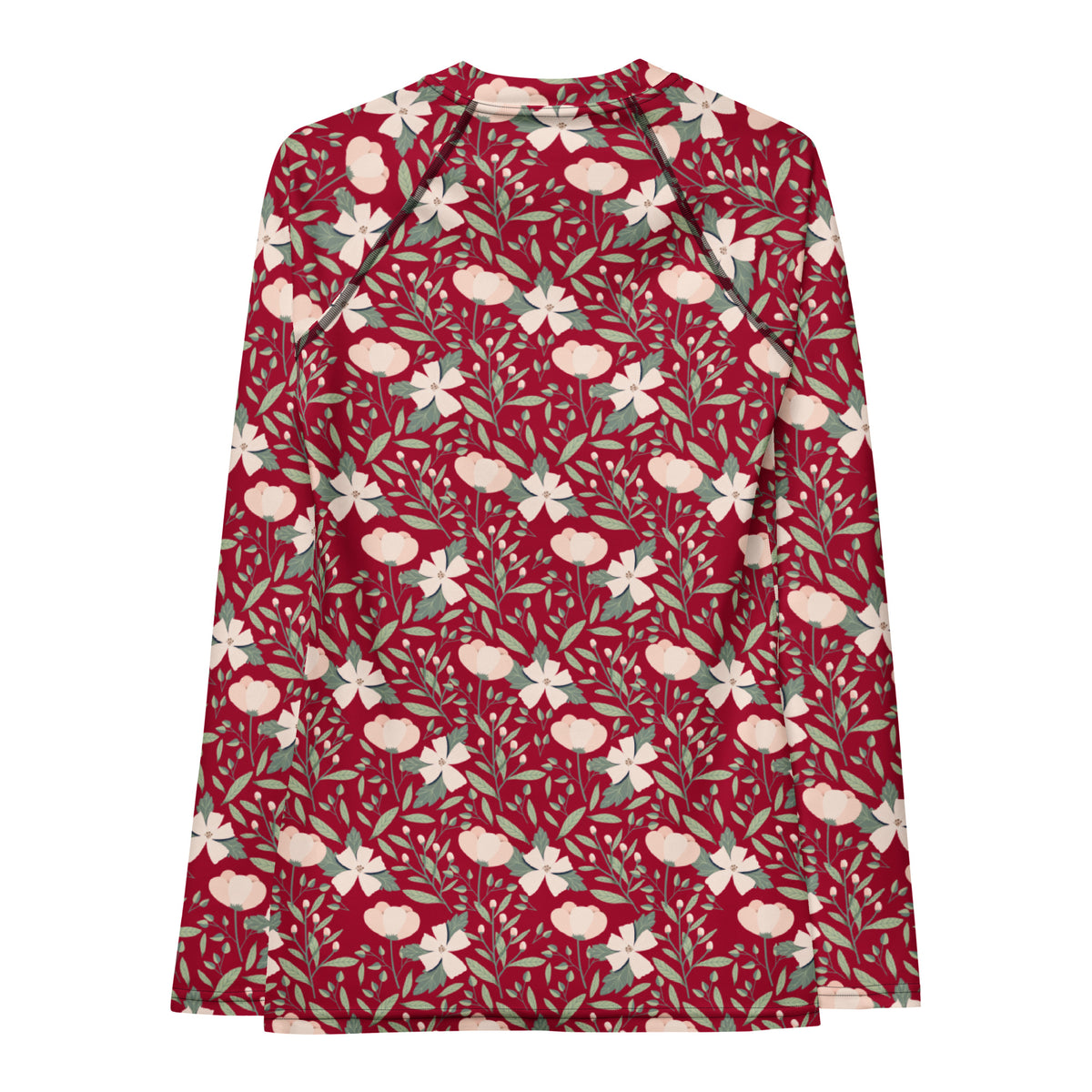 Women's Dark Red Floral Long Sleeve Rash Guard Swim Shirt – Buttery Soft, Sun Safe UPF 50+ Protection, Quick Dry & 4-Way Stretch Comfort