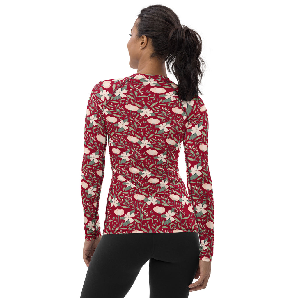 Women's Dark Red Floral Long Sleeve Rash Guard Swim Shirt – Buttery Soft, Sun Safe UPF 50+ Protection, Quick Dry & 4-Way Stretch Comfort