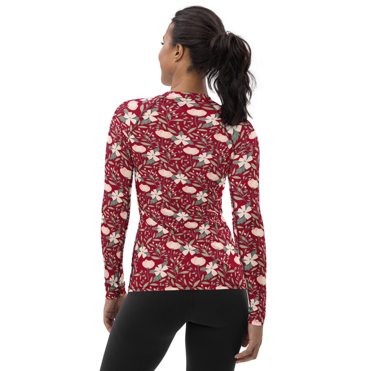 Women's Dark Red Floral Long Sleeve Rash Guard Swim Shirt – Buttery Soft, Sun Safe UPF 50+ Protection, Quick Dry & 4-Way Stretch Comfort