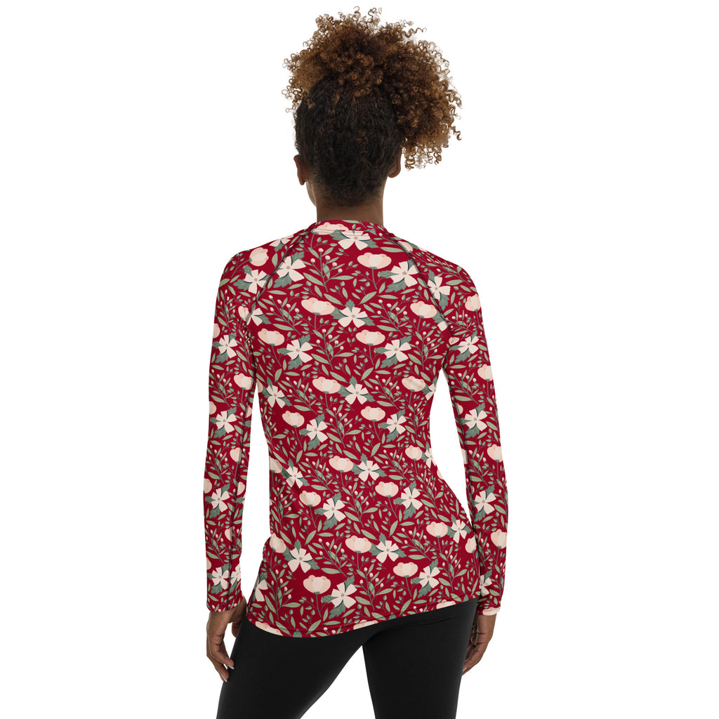 Women's Dark Red Floral Long Sleeve Rash Guard Swim Shirt – Buttery Soft, Sun Safe UPF 50+ Protection, Quick Dry & 4-Way Stretch Comfort